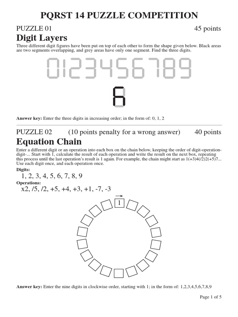 PQRST 14 Puzzle Competition Digit Layers PDF Area