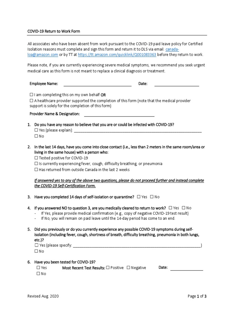 COVID RTW Form (CAN) | Download Free PDF | Pneumonia | Fever
