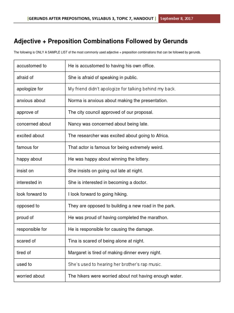 Gerunds After Prepositions Handout - Activitya | PDF