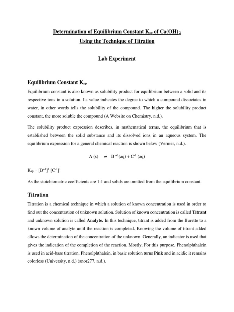 Ksp Determination of Ca(OH)2 via Titration | PDF | Chemistry | Titration