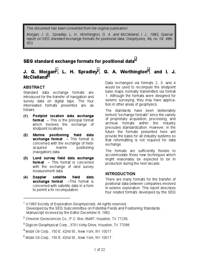 Seg Standard Exchange Formats For Positional Data J. G. Morgan, L. H ...