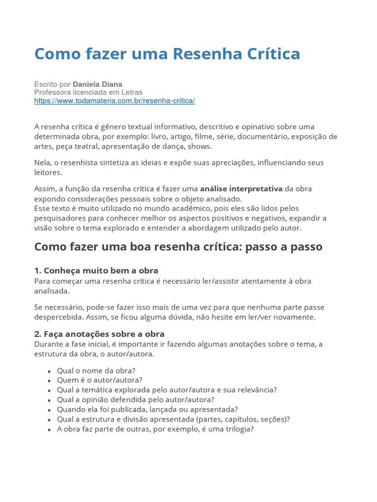 Guia Prático para Resenha Crítica | PDF | Autor | Crítica