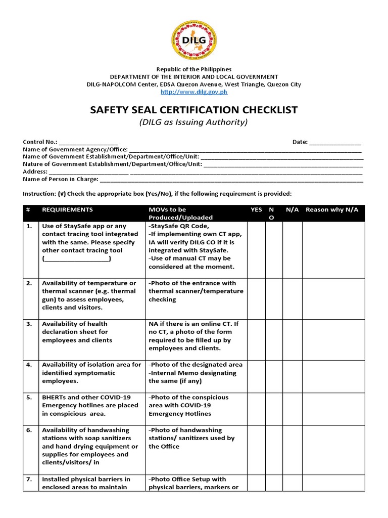 Safety Seal Checklist PDF Health Sciences Epidemiology