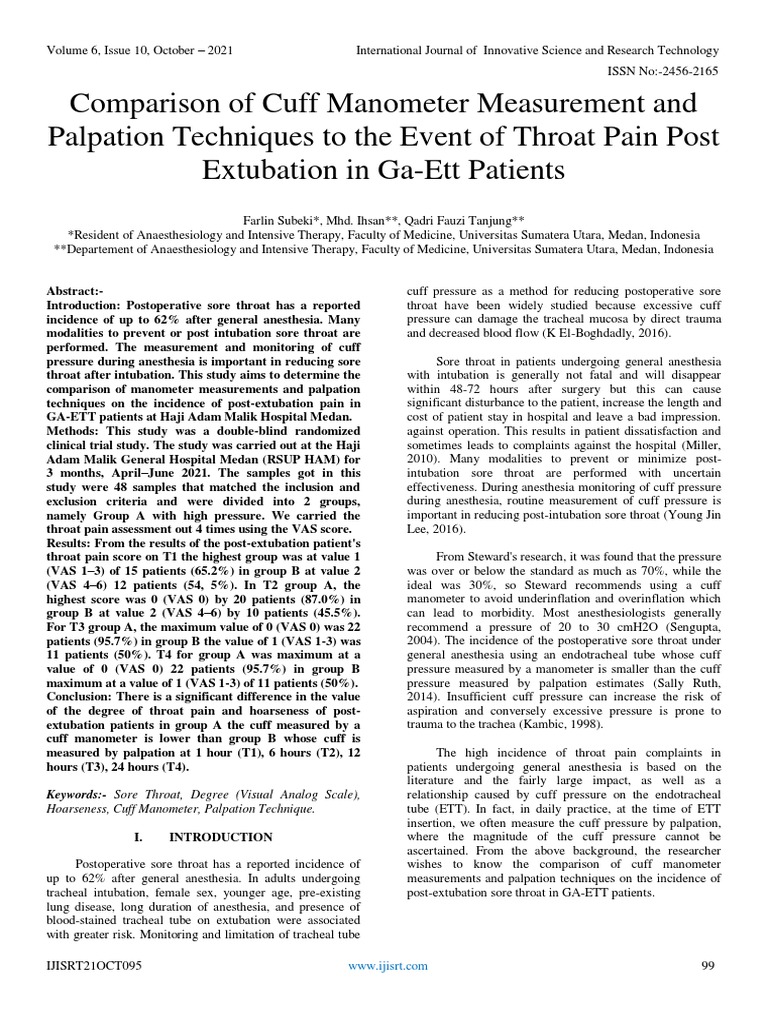 Comparison of Cuff Manometer Measurement and Palpation Techniques To