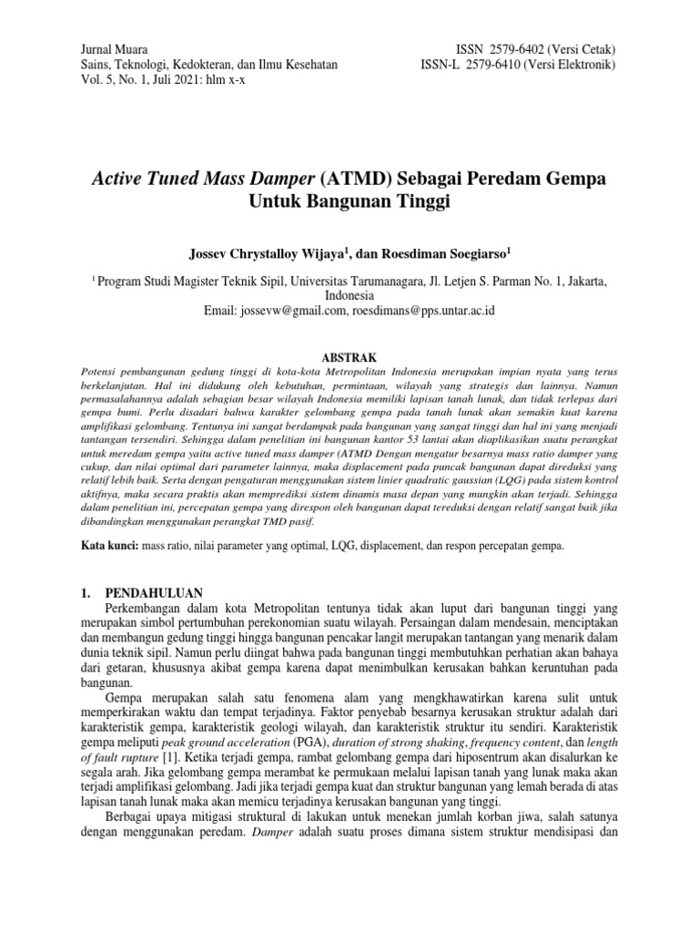 AKTIF TUNED MASS DAMPER (ATMD) SEBAGAI PEREDAM GEMPA UNTUK BANGUNAN ...