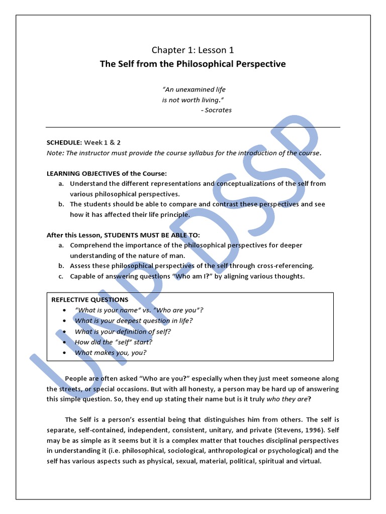 The Self From The Philosophical Perspective: Chapter 1: Lesson 1 | PDF ...