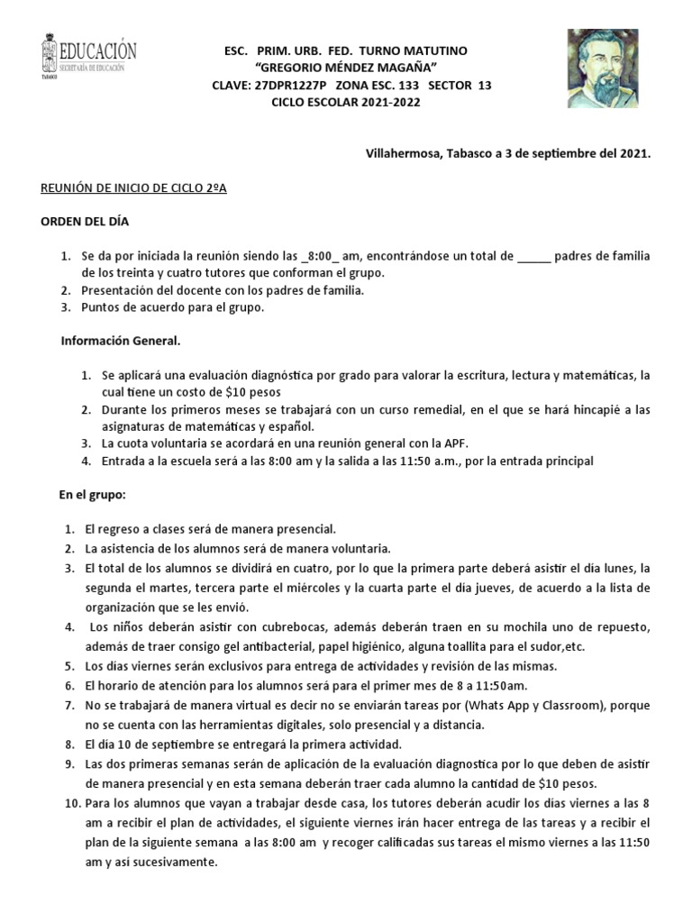 Acta de Reunión Inicio de Ciclo Escolar | PDF