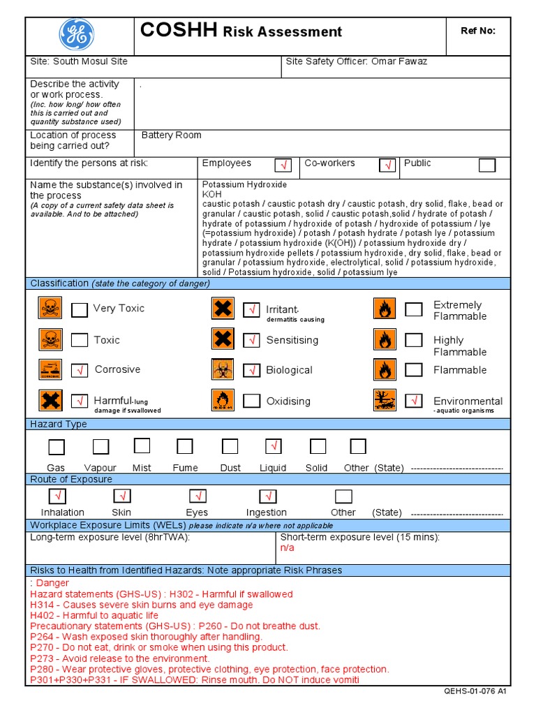 Qehs 01 076 A1 Coshh Assessment Koh | PDF | Personal Protective ...