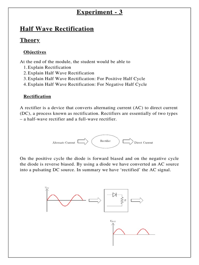 Half Wave Rectification Experiment 3 Theory PDF Rectifier Diode