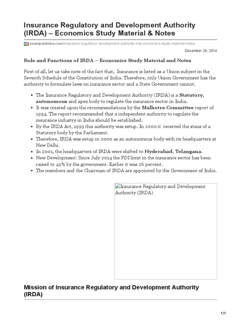 Overview of IRDA Functions and Role | PDF | Insurance | Financial Risk
