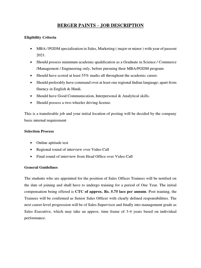 Berger Paints Sales Officer Trainee Role | PDF | Finance & Money Management