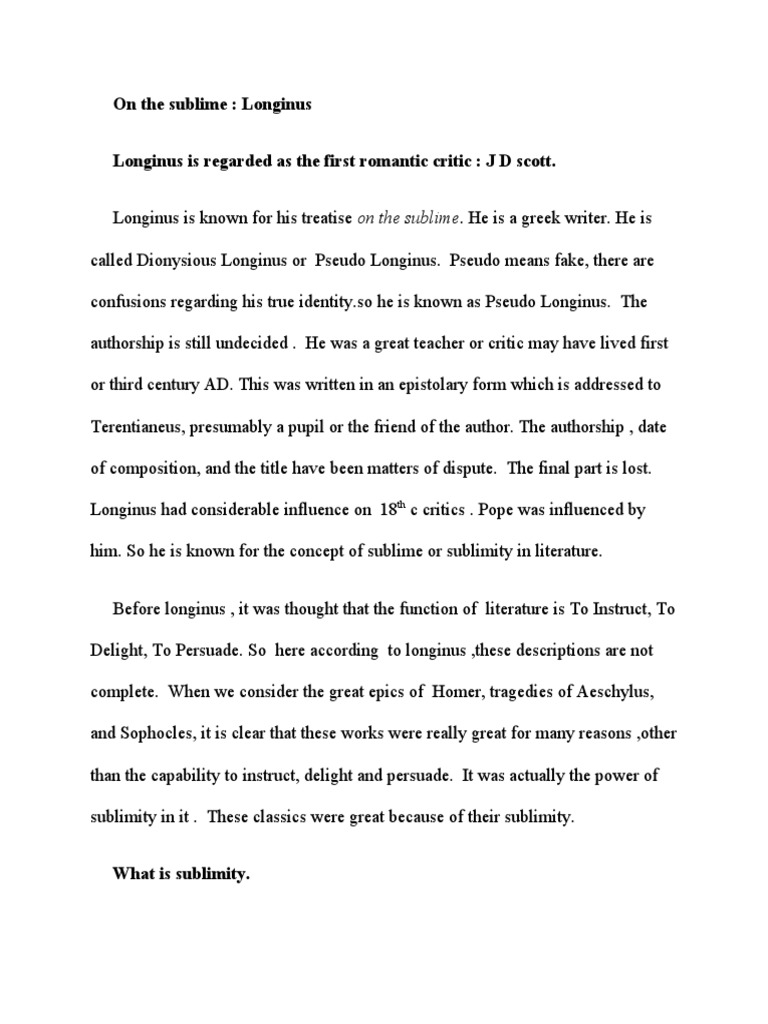 On The Sublime Longinus Longinus Is Regarded As The First Romantic Critic J D Scott PDF