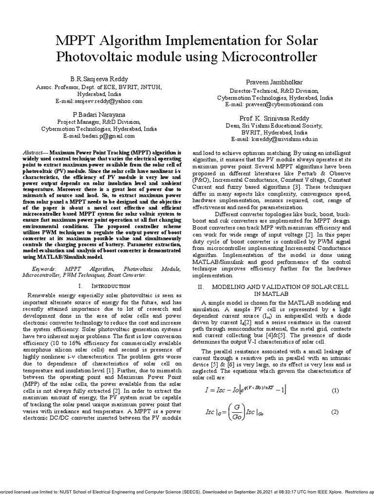 MPPT Algorithm Implementation For Solar Photovoltaic Module Using ...