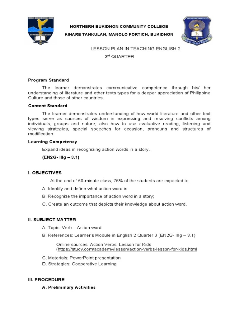 English 2 Lesson Plan: Action Words | PDF | Learning | Lesson Plan