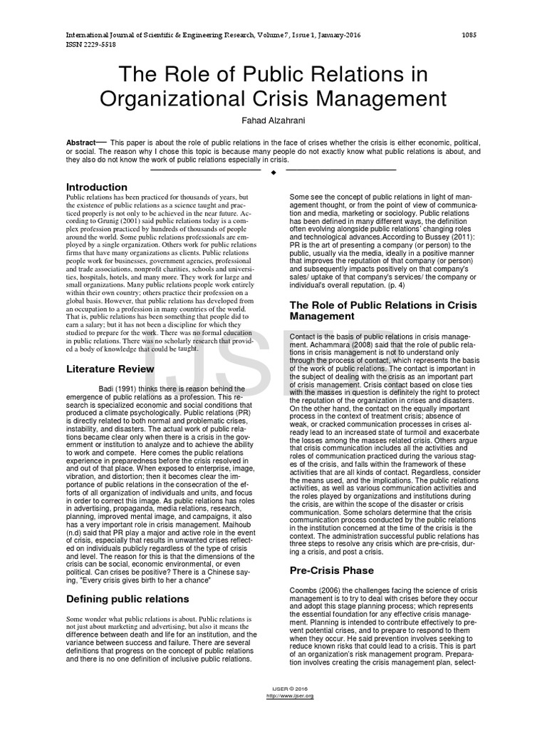 The Role of Public Relations in Organiza Tional Crisis Management | PDF ...