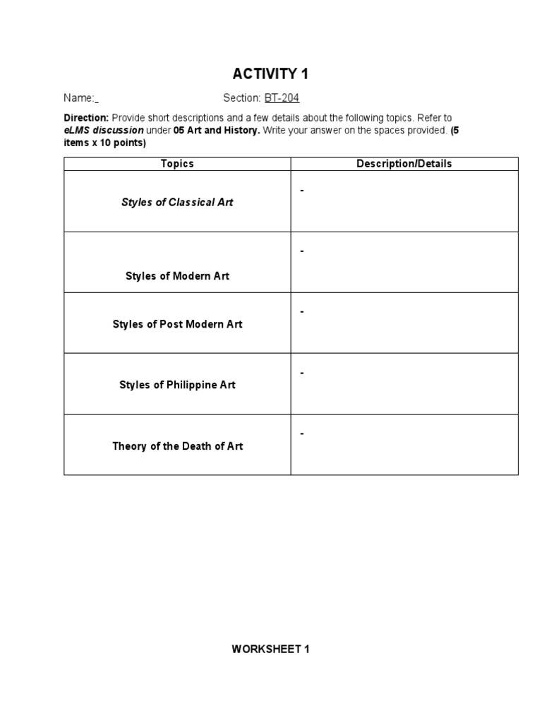 Arts Worksheet for BT-204 Students | PDF | Art