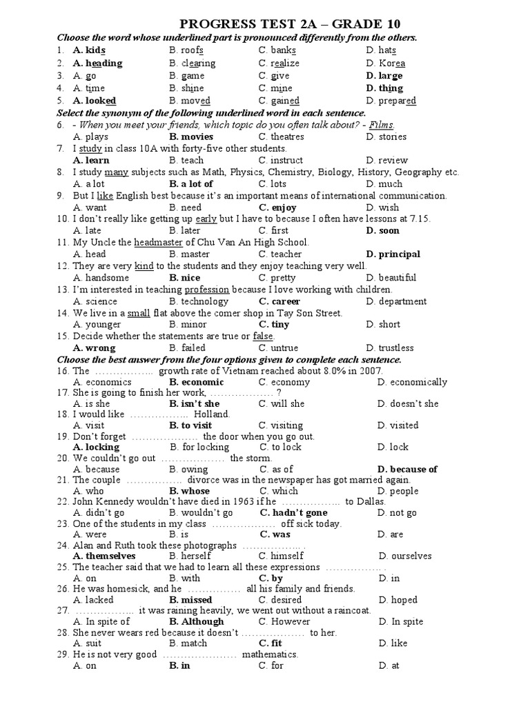 Grade 10 Progress Test 2A Questions | PDF | Circadian Rhythm | Sleep