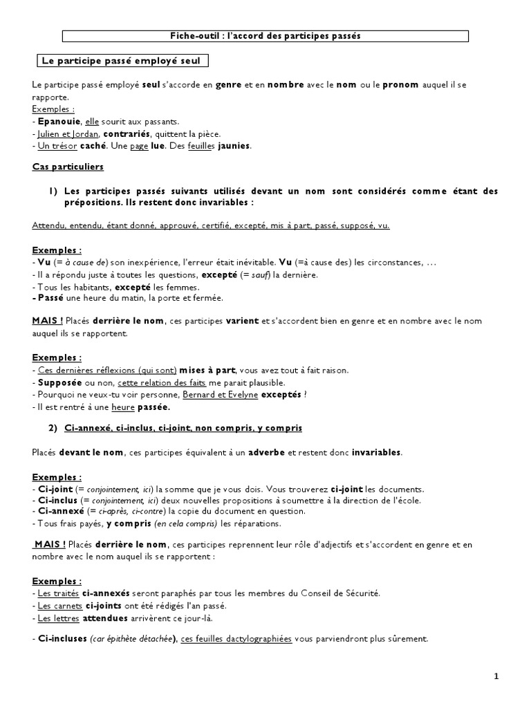 Exercice Participe Passé 5ème à Imprimer L'accord Du Participe Passé Synthèse Complète | PDF | Genre grammatical |  Nombre grammatical