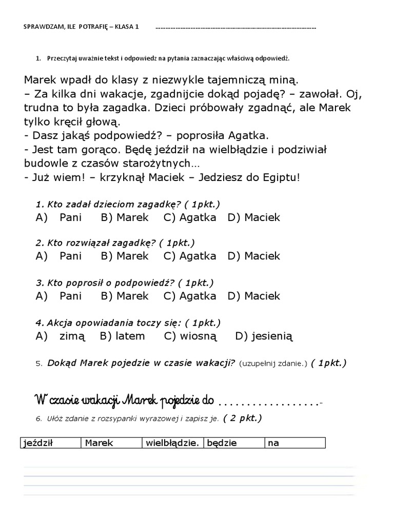 Sprawdzian Semestralny Klasa 3 Edukacja Polonistyczna Sprawdzian Po Pierwszej Klasie - Ed - Polonistyczna | PDF