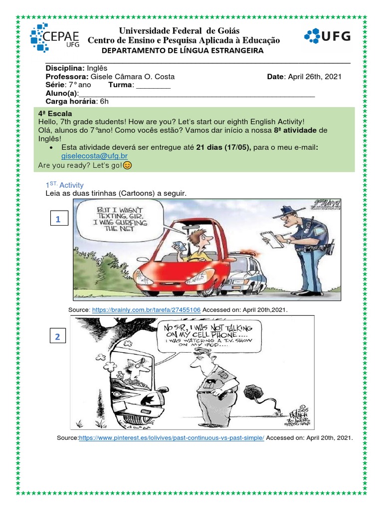 Atividades de Past Continuous para 7º Ano | PDF | Artes Linguísticas e ...