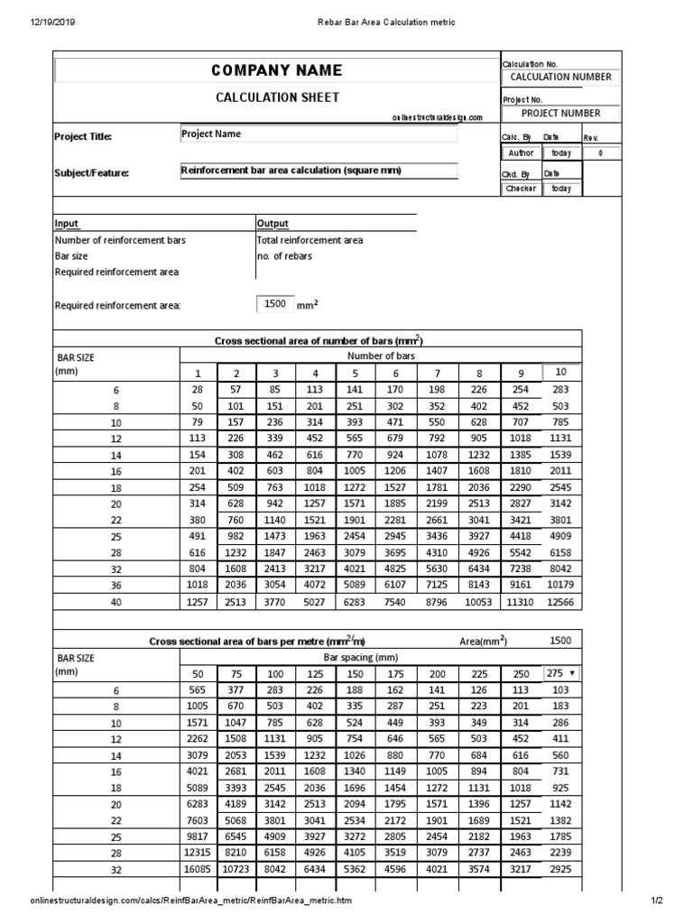 Rebar Bar Area Calculation Metric PDF Economic Sectors Structural