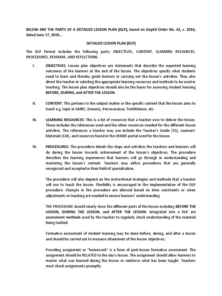 Components of a Detailed Lesson Plan (DLP) According to DepEd Order No ...