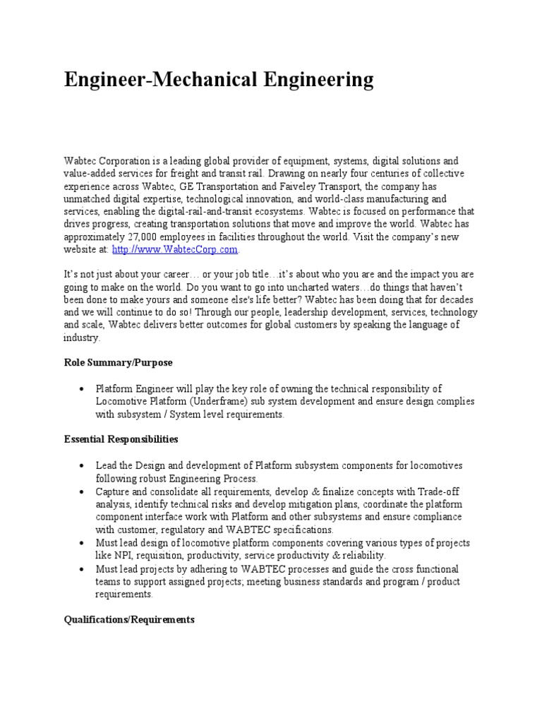 Wabtec Mechanical Engineer Role Overview | PDF | Engineering ...