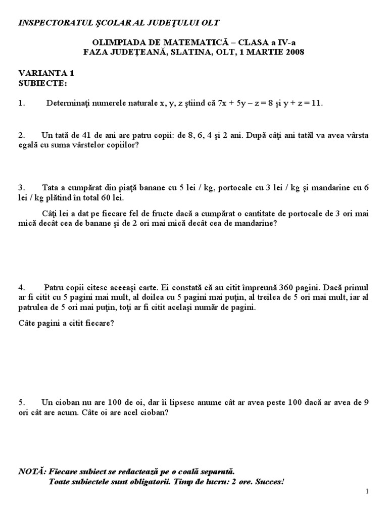 Subiecte Ol Varianta 1 | PDF