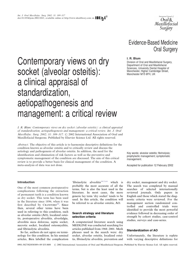 Dry Socket Management: A Critical Review | PDF | Medicine | Clinical ...