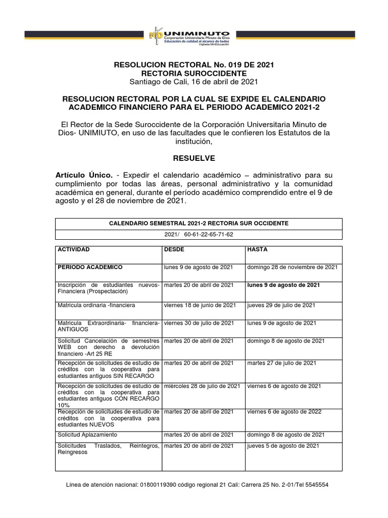 CALENDARIO 20212 UNIMINUTO Rectoria Suroccidente Cali Buega