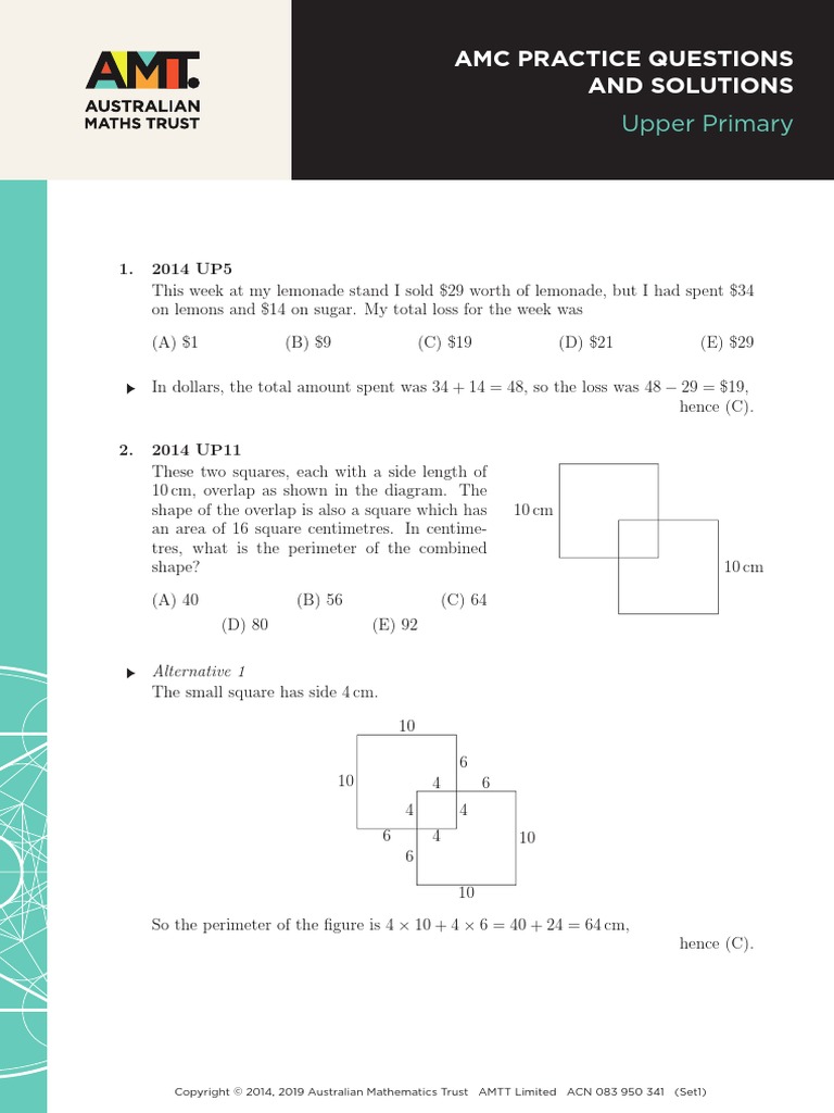 Australian Mathematics Competition AMC Practice Questions and Solutions Upper Primary PDF