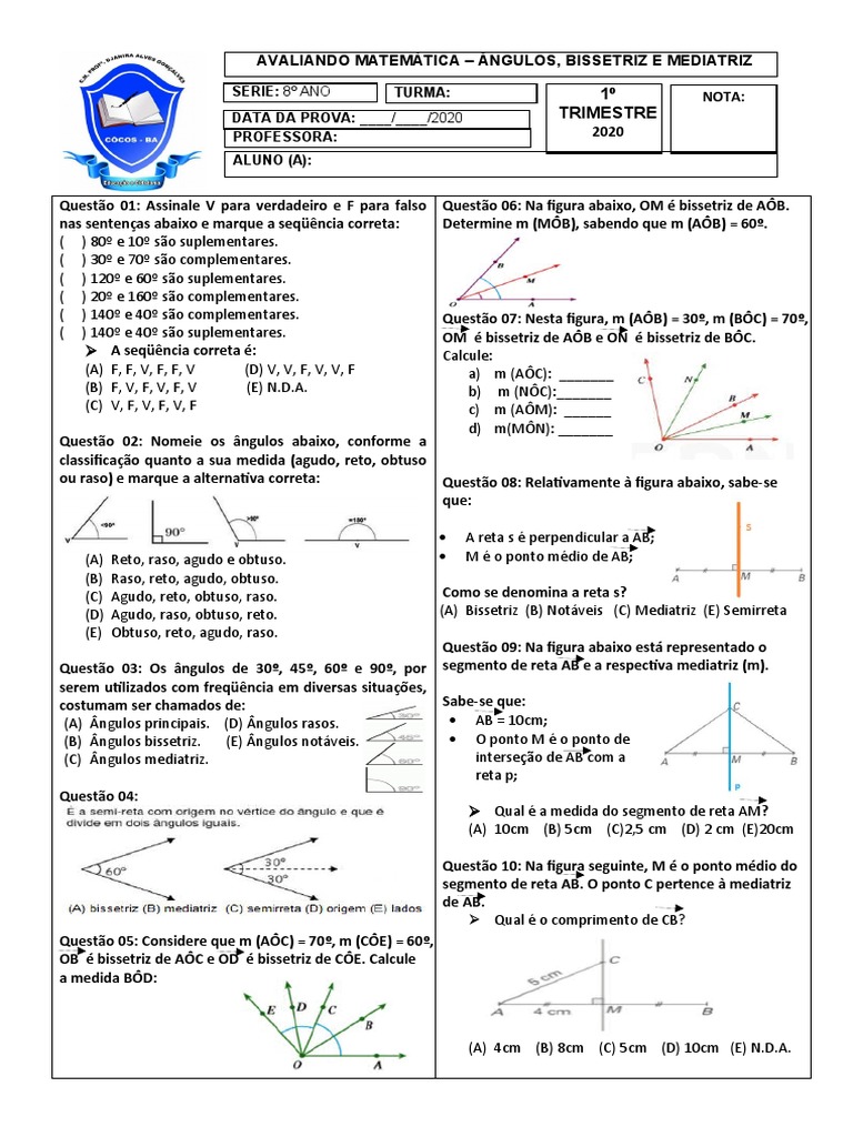 Exercícios sobre Bissetriz e Mediatriz 8º Ano | PDF | Ângulo | Medição ...
