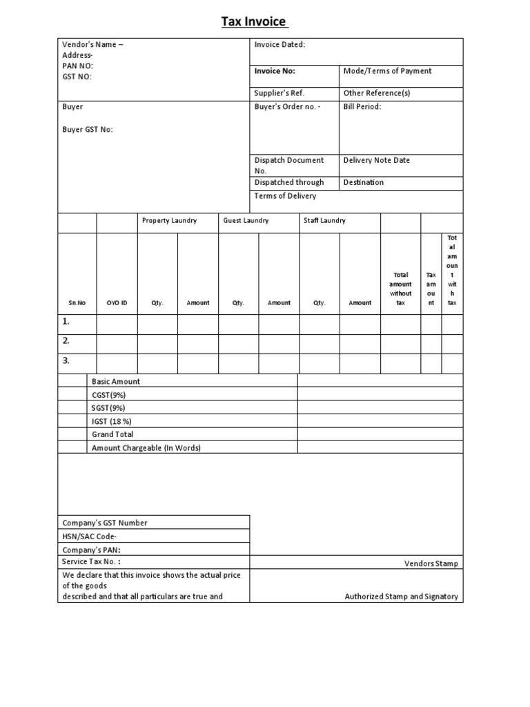 Sample Format of Laundry Bill PDF Taxes Payments