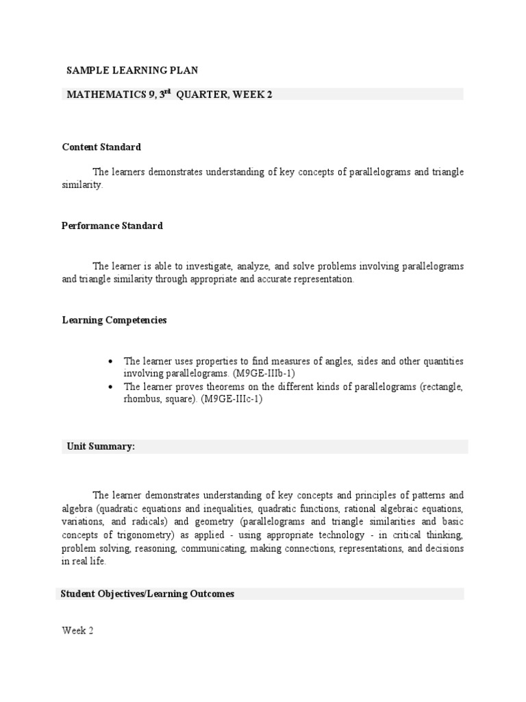 LEARNING PLAN IN GRADE 9-3rd QUARTER WEEK 2 | PDF | Triangle | Rectangle