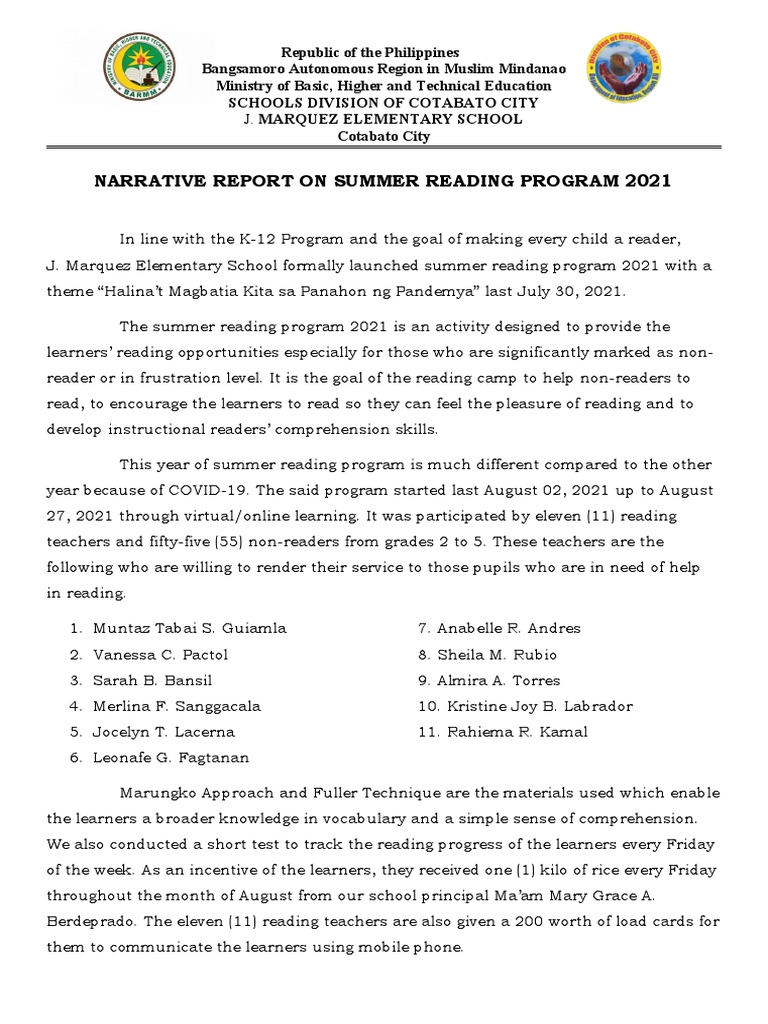 Narrative Report On Summer Reading Program 2021 | PDF | Learning | Teachers