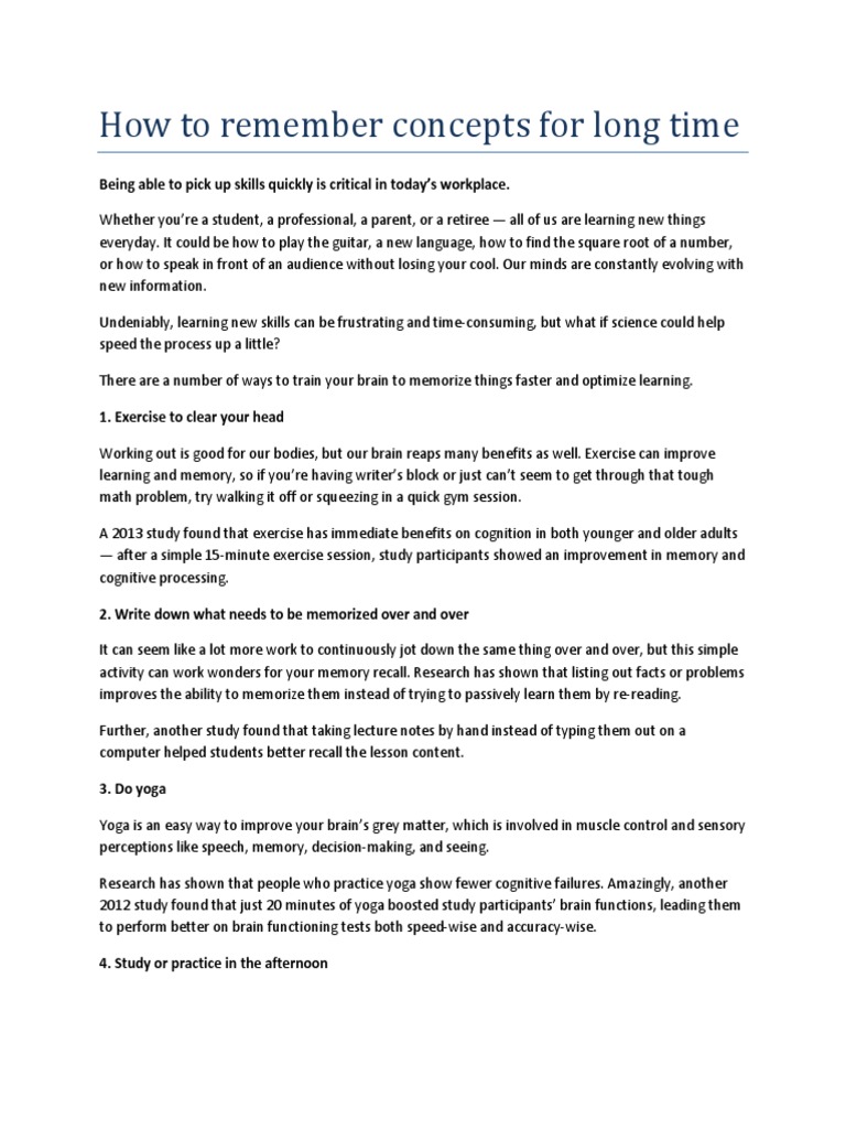 7 Techniques to Memorize Concepts for Exams | PDF | Memory | Learning