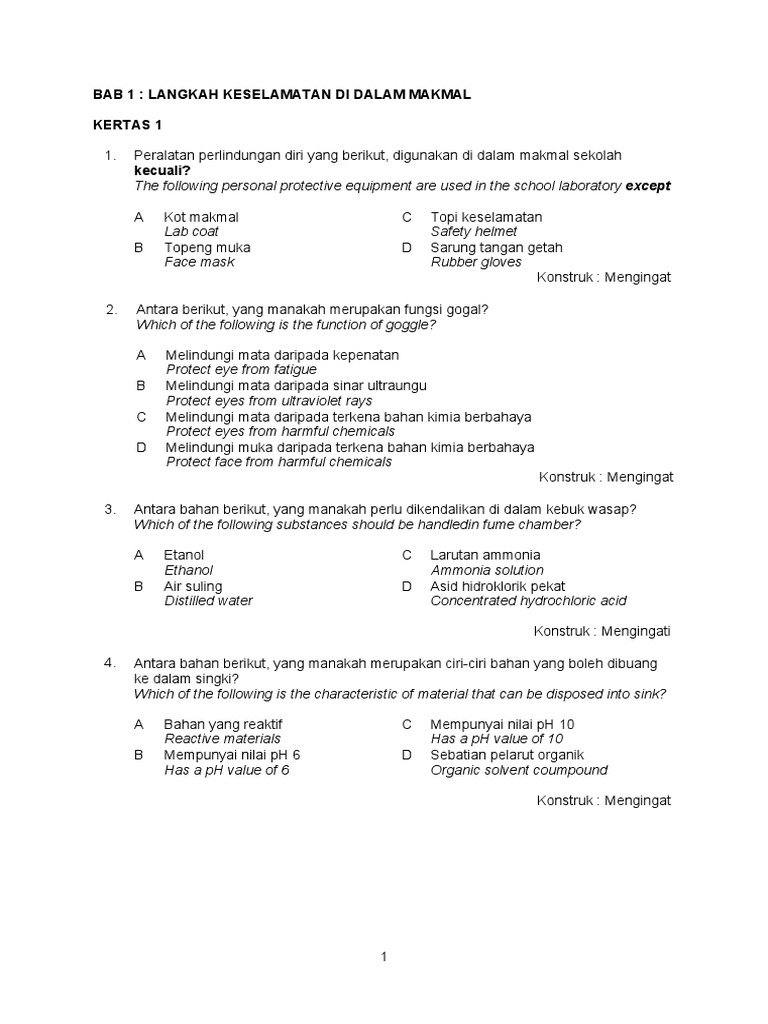 Latihan Bab 1 Langkah Keselamatan Di Dalam Makmal Pdf