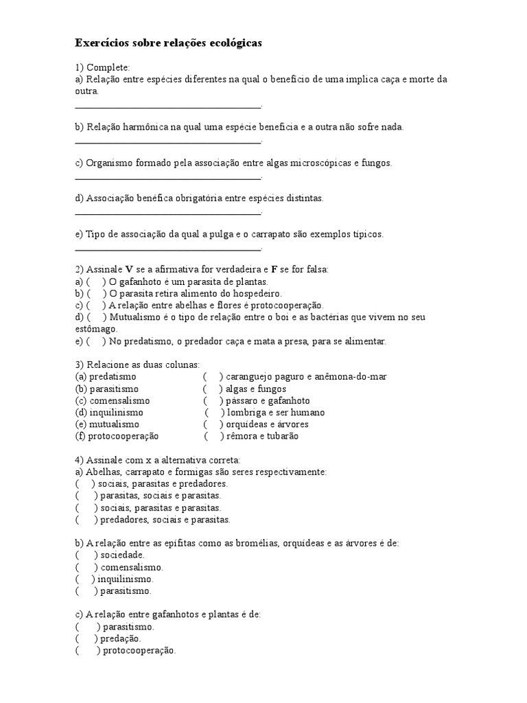 6 Ano - Atividade Relações Ecológicas | PDF | Parasitismo | Biologia