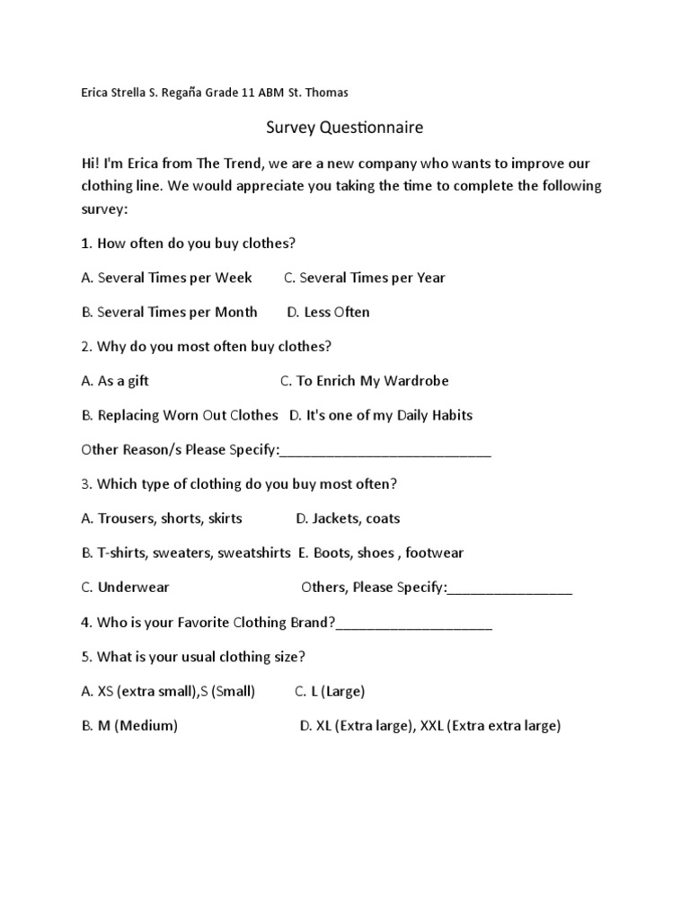 Survey Questionnaire: Erica Strella S. Regaña Grade 11 ABM St. Thomas | PDF