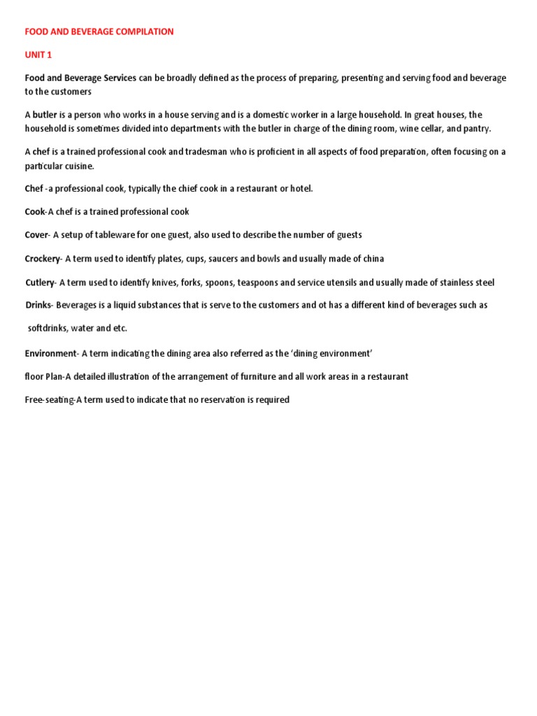 Food and Beverage Services Glossary PDF