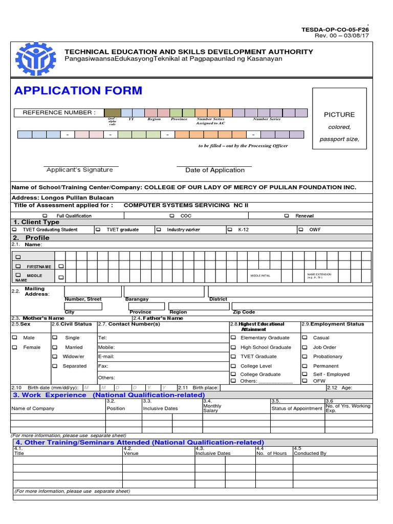 TESDA Assessment Application Form 2024 | PDF