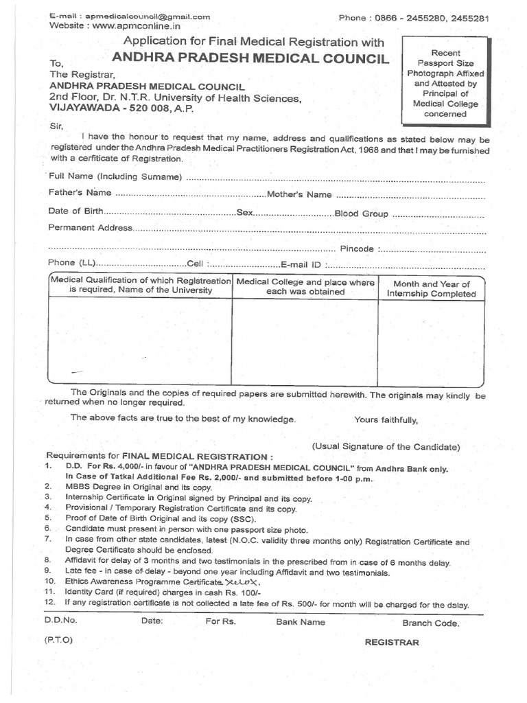 Application Form For Final Registration For AP & Other States | PDF