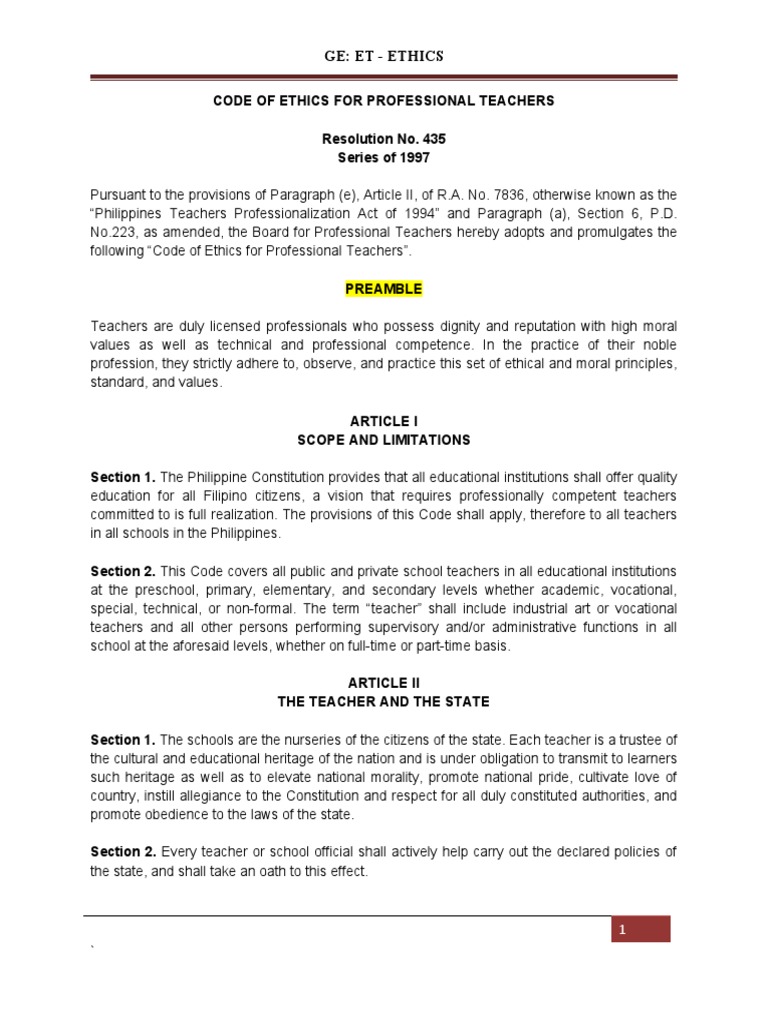 Code Of Ethics For Professional Teachers Pdf Teachers Profession