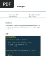 Worksheet - 1.1: Name: Tarun Bisht Branch/Sec: CSE/29 - B UID: 20BCS6130 Subject: DS Lab