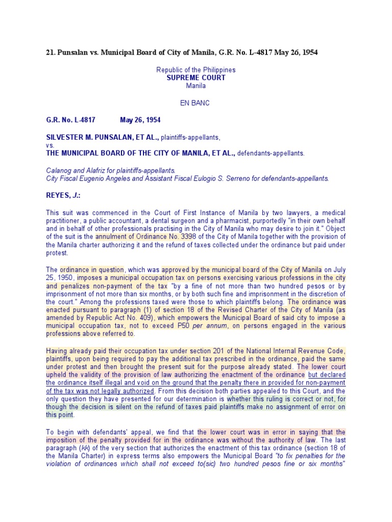 Punsalan vs. Municipal Board of City of Manila, G.R. No. L-4817 May 26 ...