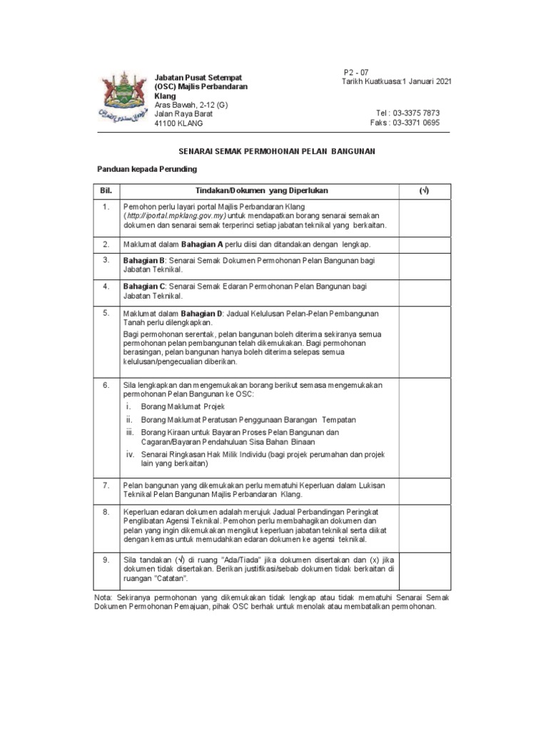 Senarai Semak Permohonan Bangunan 1 10 Pdf