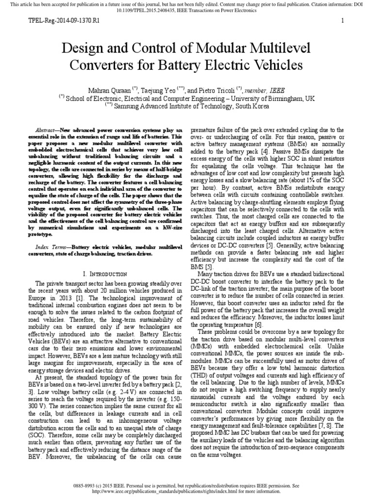 Design and Control of Modular Multilevel Converters For Battery