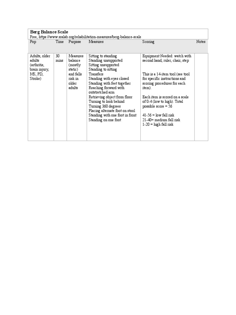 Table Berg Balance Scale PDF