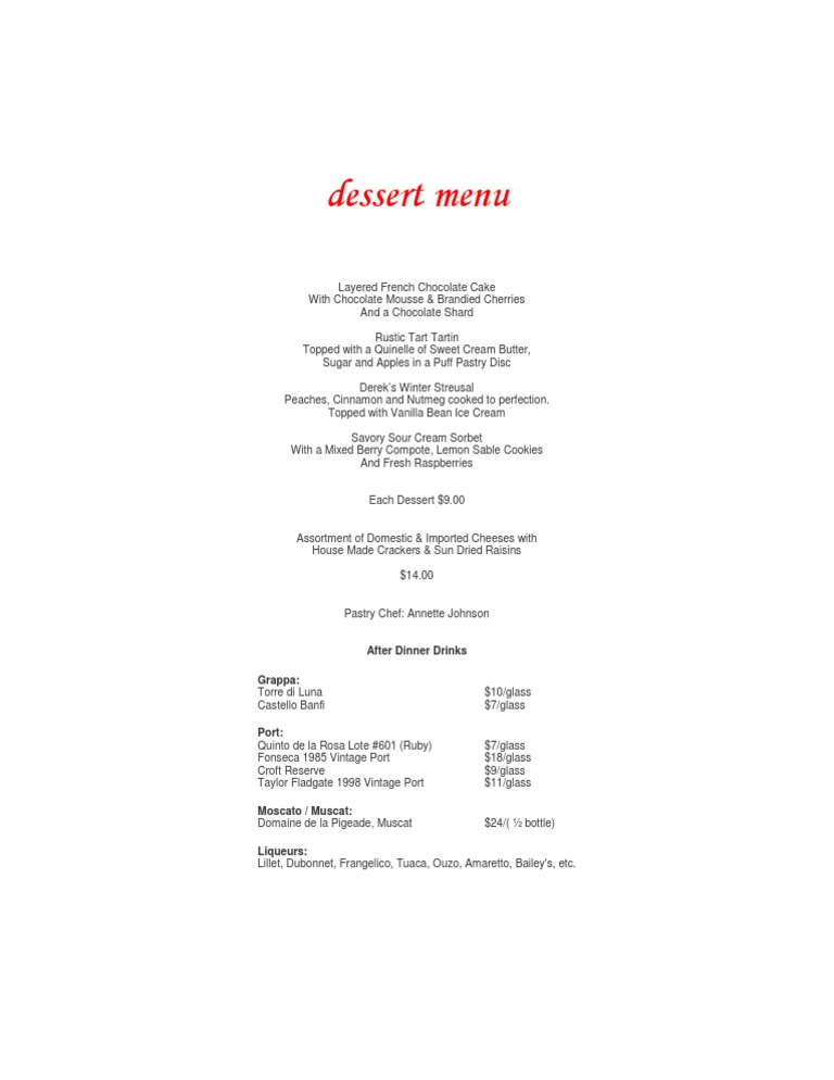Dessert Menu with After Dinner Drinks | PDF
