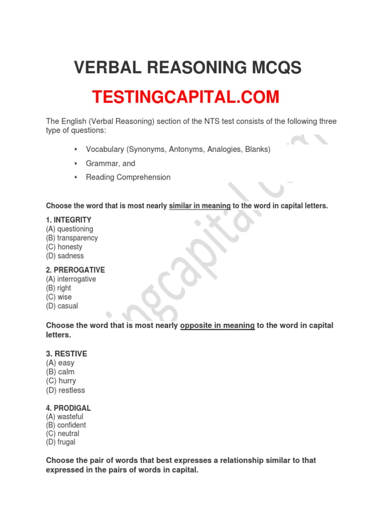 Nts Verbal Reasoning Mcqs With Answers Pdf
